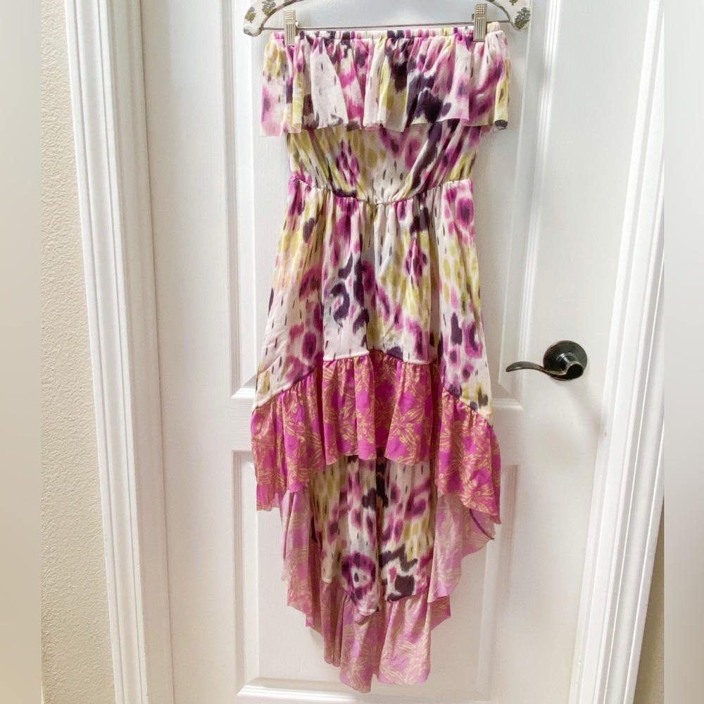 Anthropologie Lilka Beachy Purple and Green Leopard Strapless High Low Dress XS